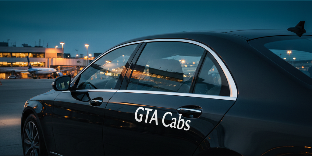 Black luxury sedan with GTA Cabs branding ready for airport transfer from Brampton to Toronto Pearson