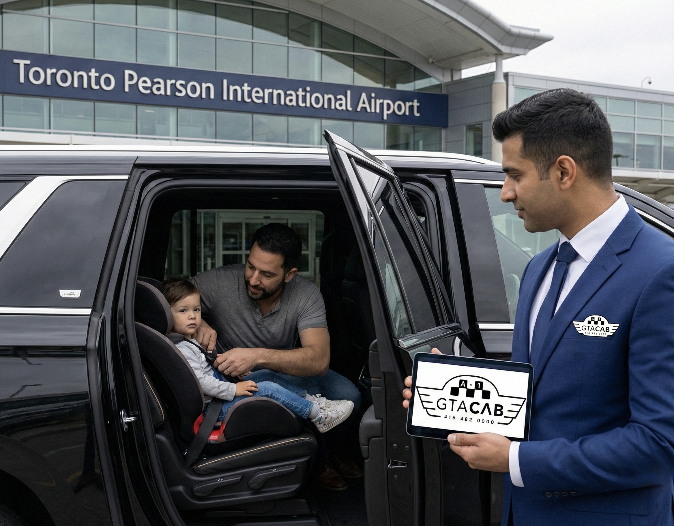 GTA Cab chauffeur assisting father buckling child into car seat at Toronto Pearson Airport, demonstrating family-friendly airport taxi service with child safety features.