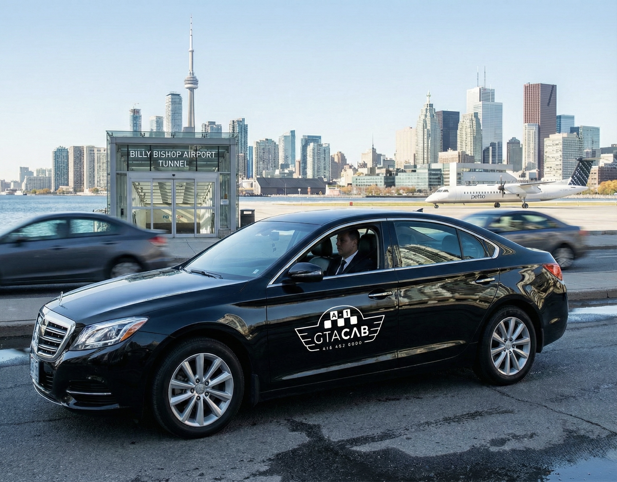 GTA Cab sedan driving past Billy Bishop Airport tunnel entrance with CN Tower and Toronto skyline in background, showing taxi to Billy Bishop airport service.