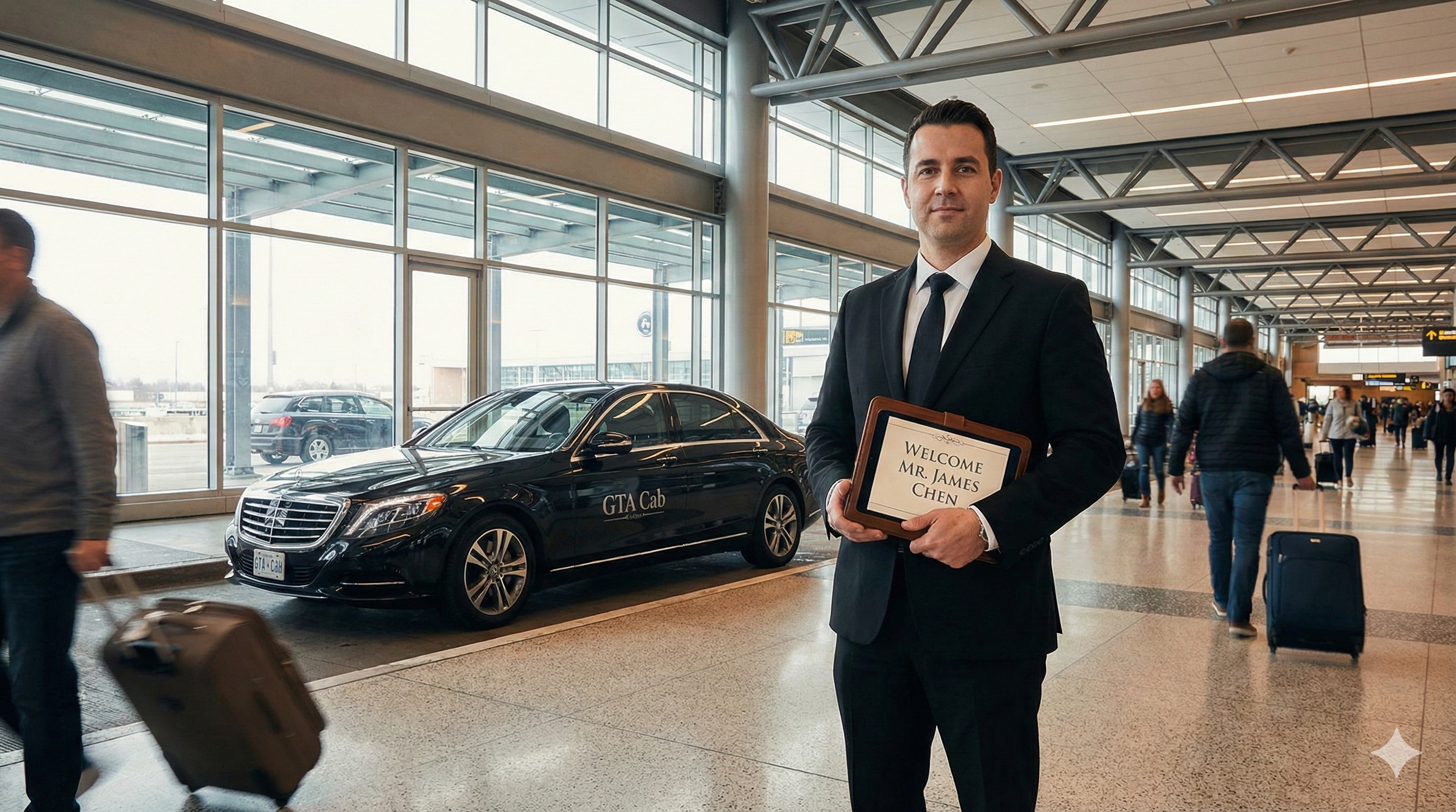 Professional GTA Cab chauffeur holding welcome sign at Toronto airport arrivals terminal with luxury sedan in background
