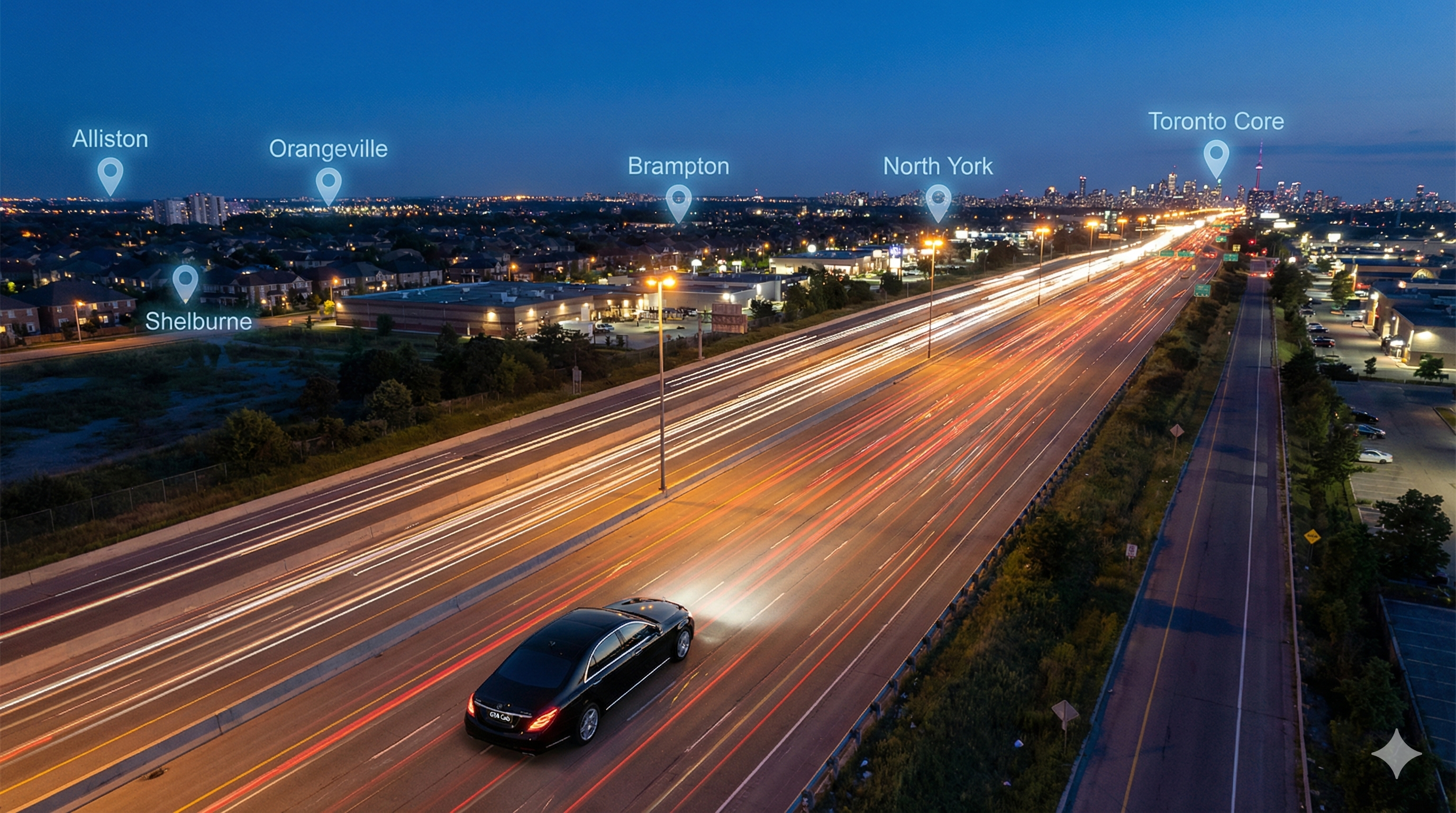 Professional GTA Cab chauffeur holding welcome sign at Toronto airport arrivals terminal with luxury sedan in background
