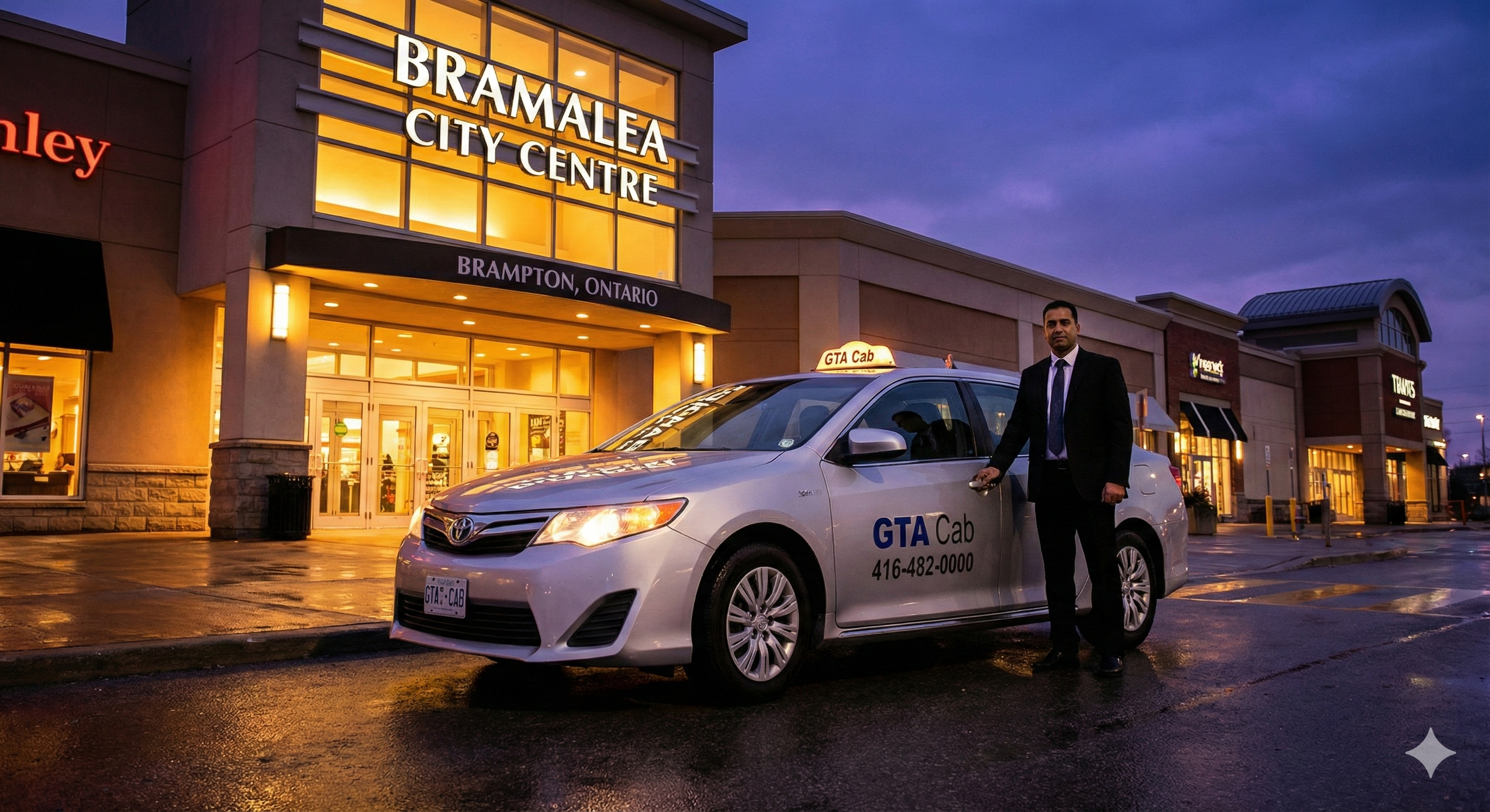 GTA Cab professional driver with taxi at Bramalea City Centre entrance during evening hours in Brampton Ontario
