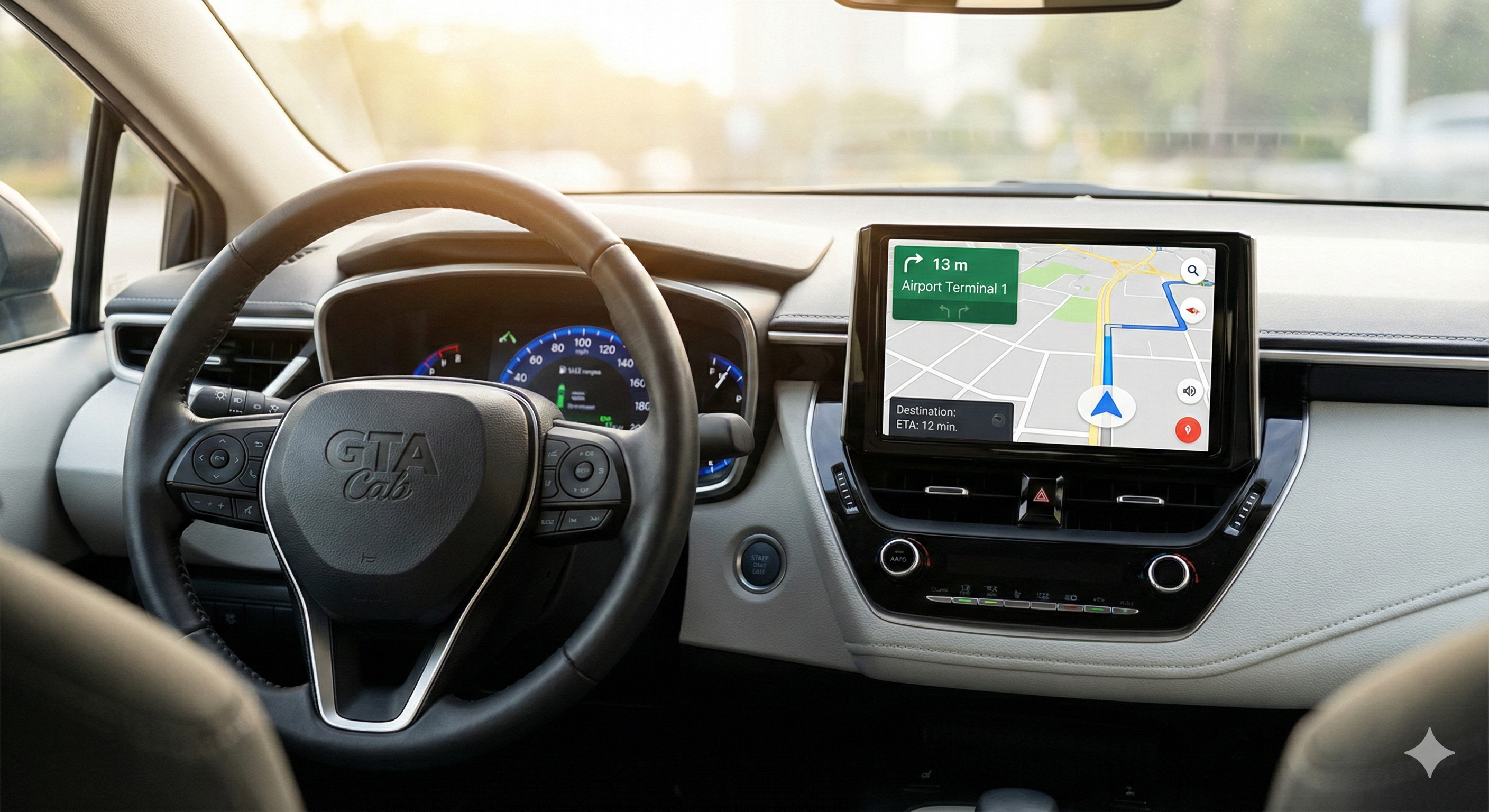 GTA Cab taxi dashboard with GPS navigation screen showing Airport Terminal 1 route and real-time ETA tracking