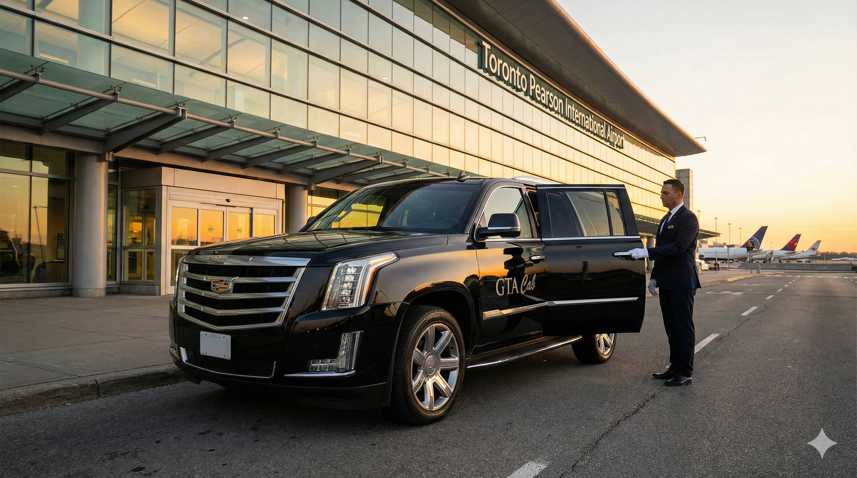 GTA Cab luxury SUV with professional chauffeur at Toronto Pearson Airport terminal entrance during golden hour pickup service

