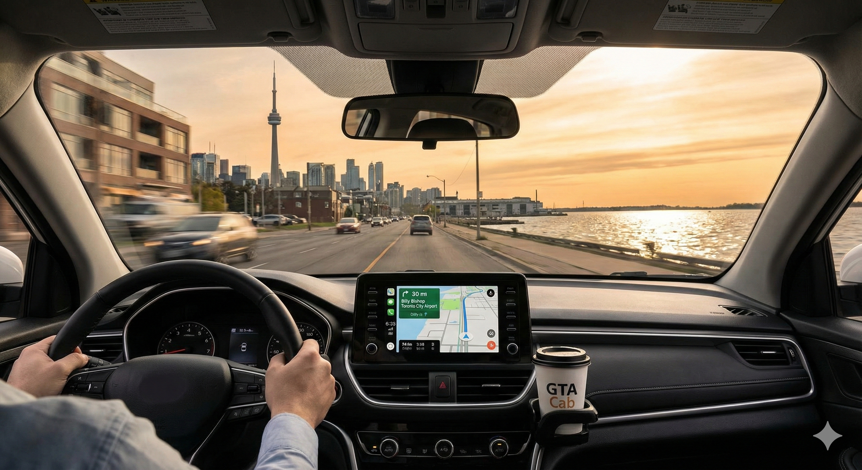 Driver view from GTA Cab taxi showing GPS navigation to Billy Bishop Airport with CN Tower and Toronto skyline at sunset