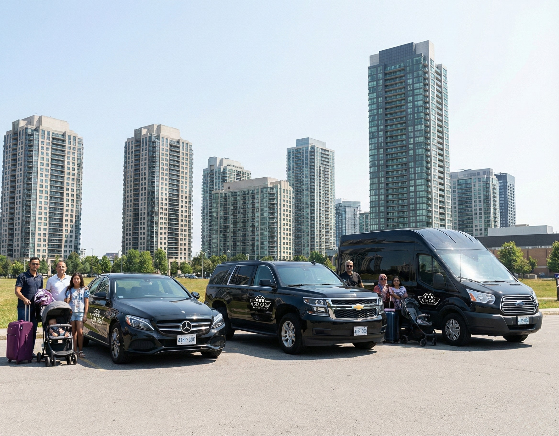 Families standing beside GTA Cab’s black Mercedes sedan, SUV, and shuttle van in front of modern condo towers, showcasing airport taxi and limo fleet in Toronto.