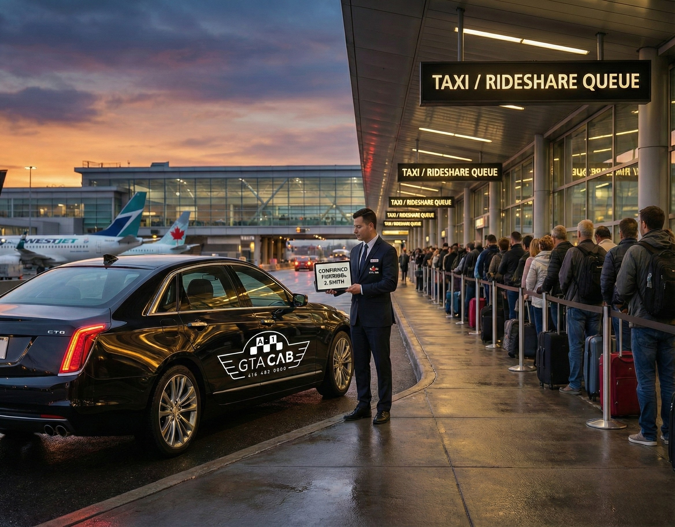 GTA Cab luxury sedan picking up a passenger directly at the airport curb while a long taxi and rideshare queue stretches along the terminal at sunset.
