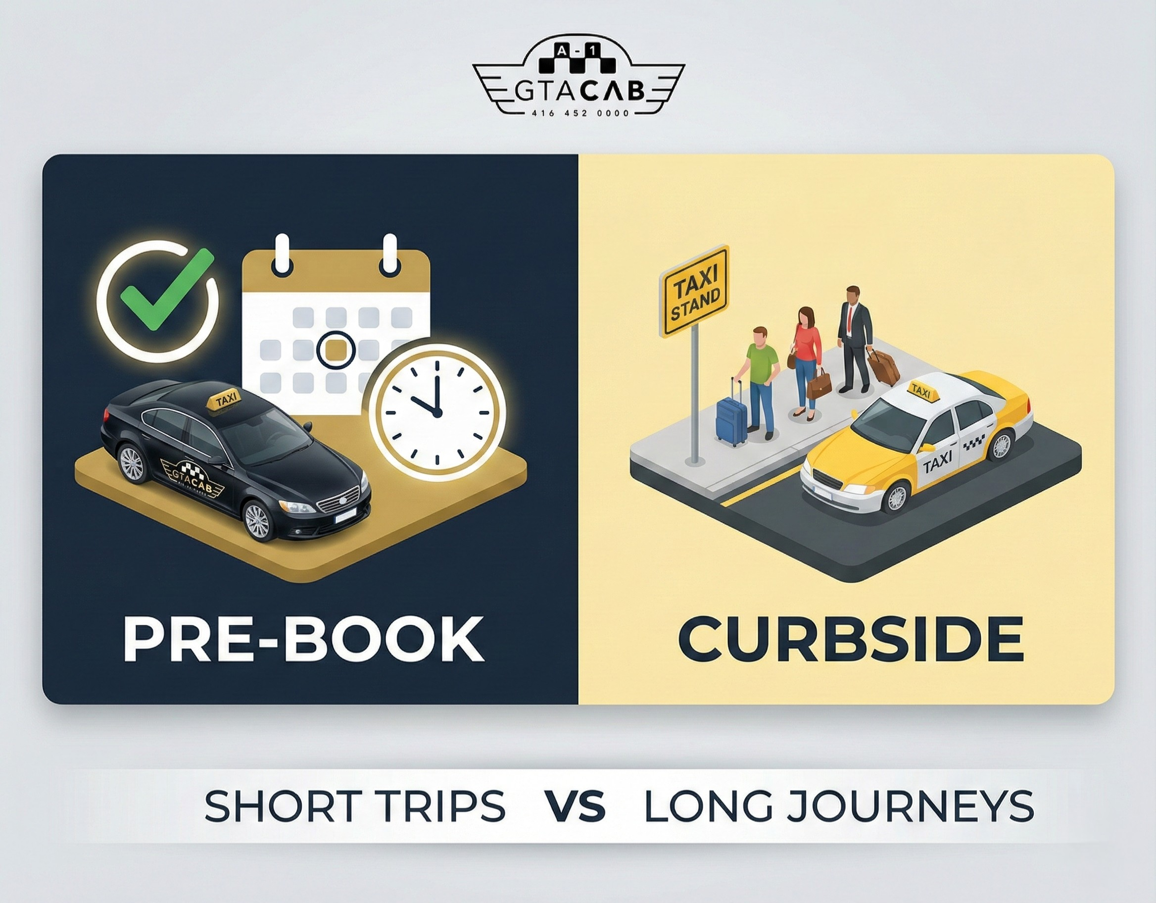 GTA Cab infographic comparing pre‑booked airport taxi with curbside taxi stand, showing a branded black GTA Cab car for pre‑book and a generic yellow cab for curbside short trips vs long journeys.