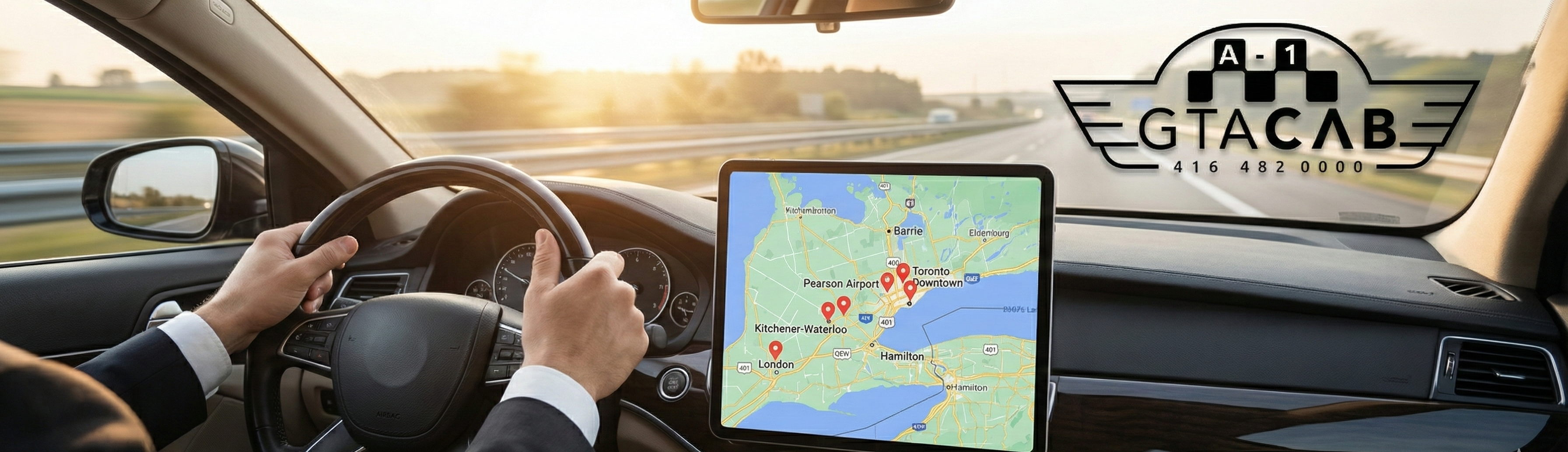 GTA Cab service area map showing Pearson Airport Toronto Barrie Hamilton Kitchener-Waterloo London coverage for voucher trips