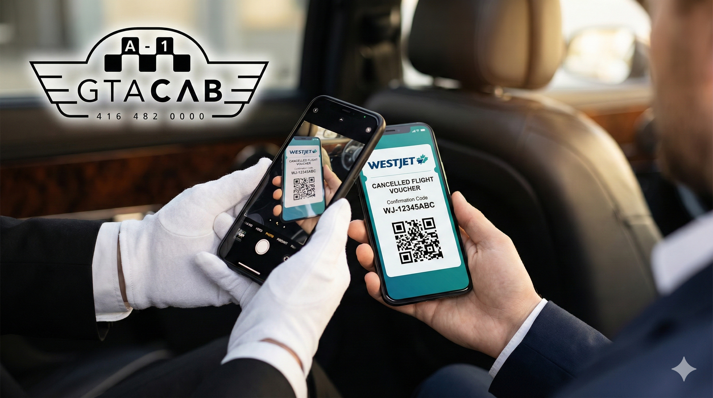 GTA Cab chauffeur scanning WestJet airline voucher QR code for Toronto airport taxi service payment after flight cancellation