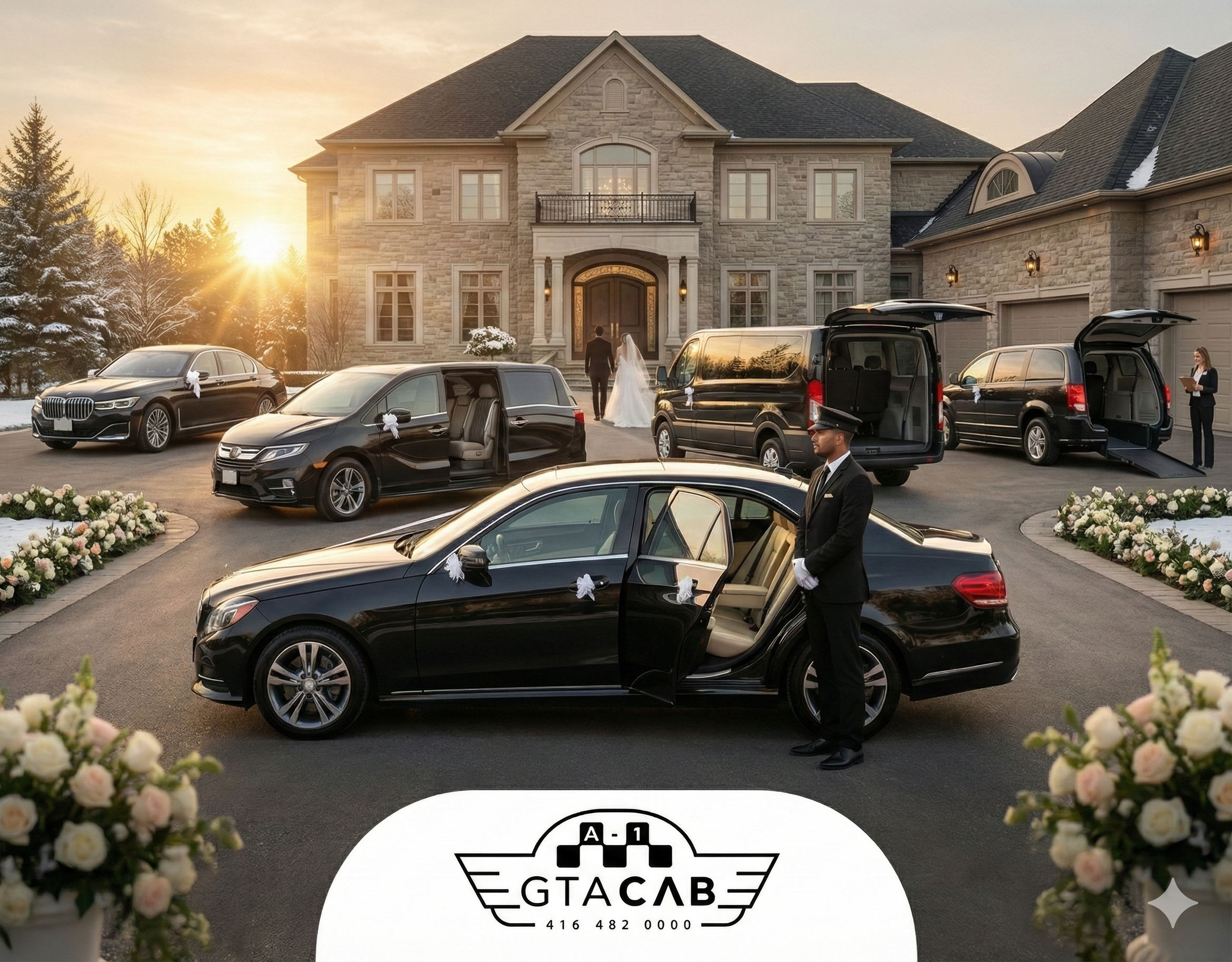 Complete GTA Cab wedding fleet parked at Brampton estate, featuring luxury sedans, passenger vans, and accessible vehicles for guest shuttles.