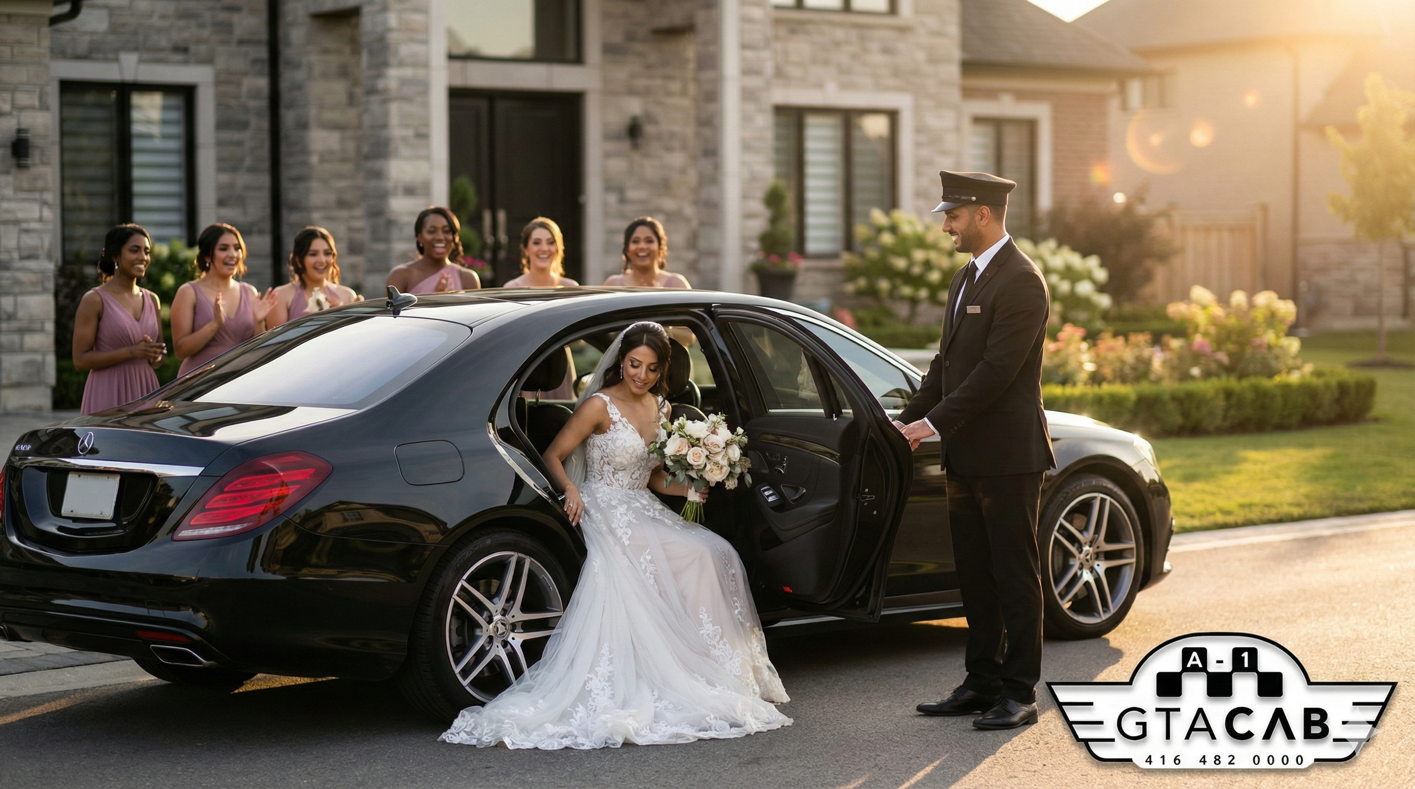 GTA Cab luxury black sedan with chauffeur opening door for bride at Brampton mansion wedding venue during golden hour