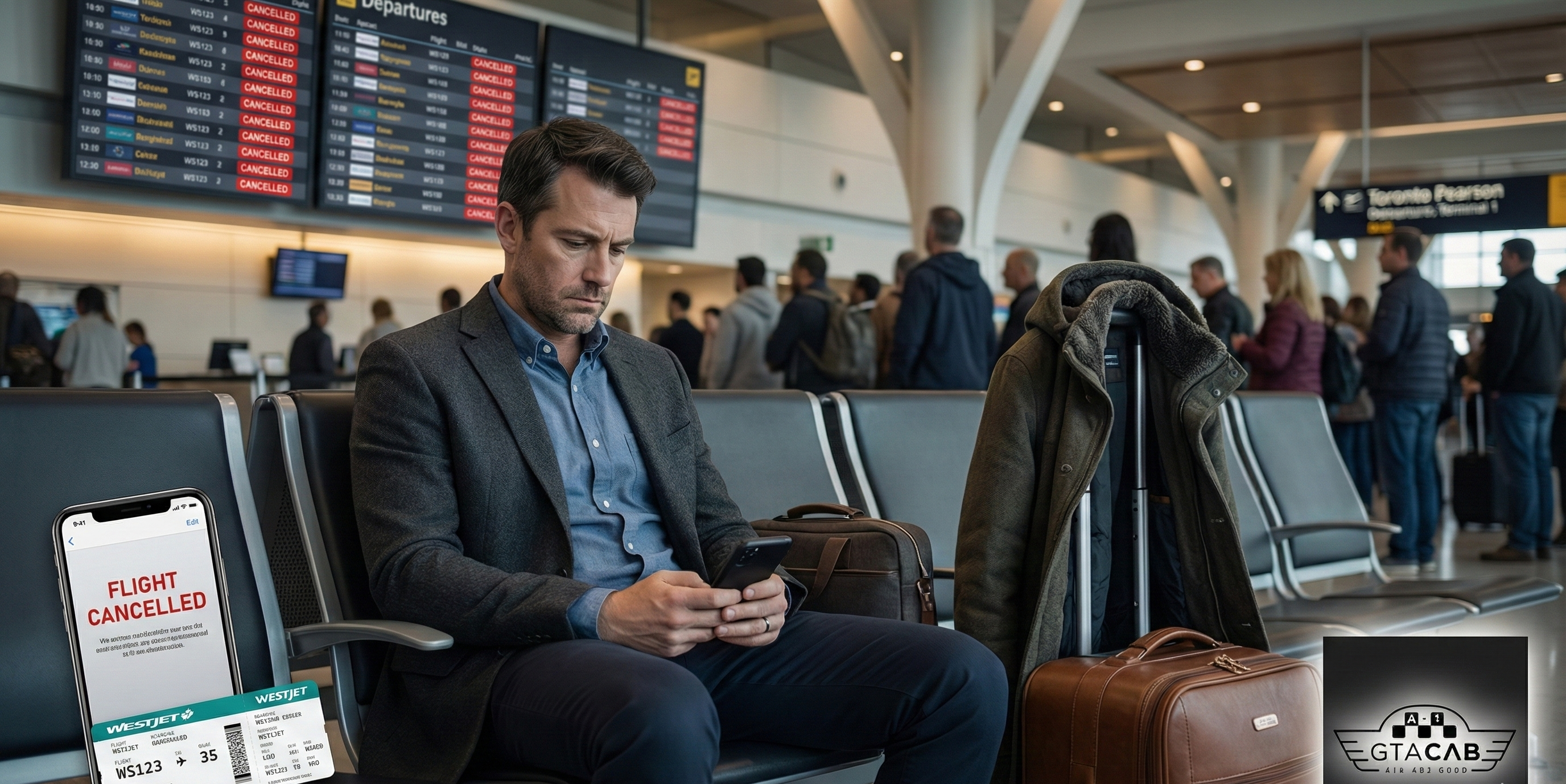 Stranded passenger at Toronto Pearson Airport after WestJet flight cancellation with airline voucher for GTA Cab taxi service