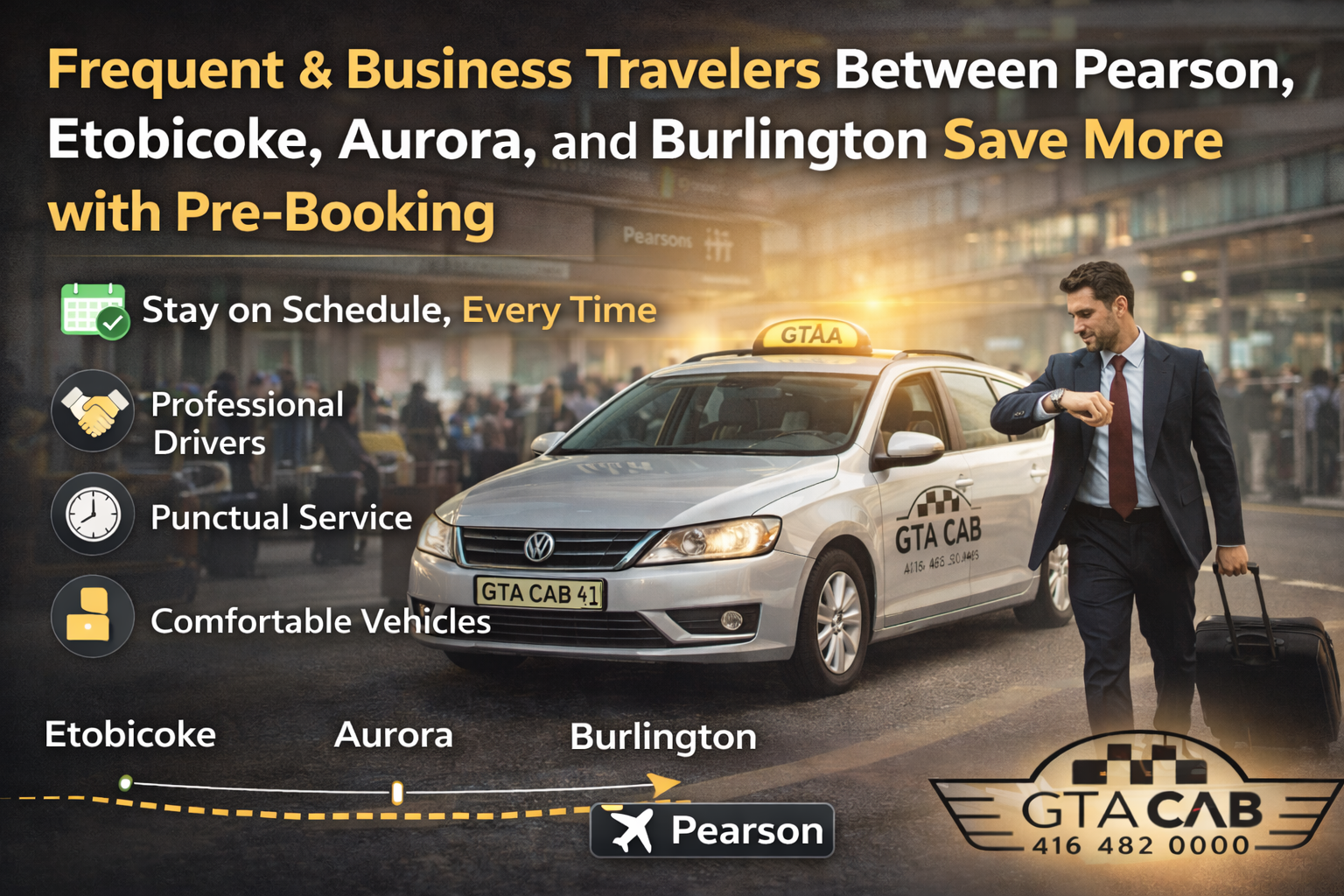 GTA Cab long distance airport transfer from Toronto Pearson to Aurora, Thornhill, Fergus and surrounding Ontario towns