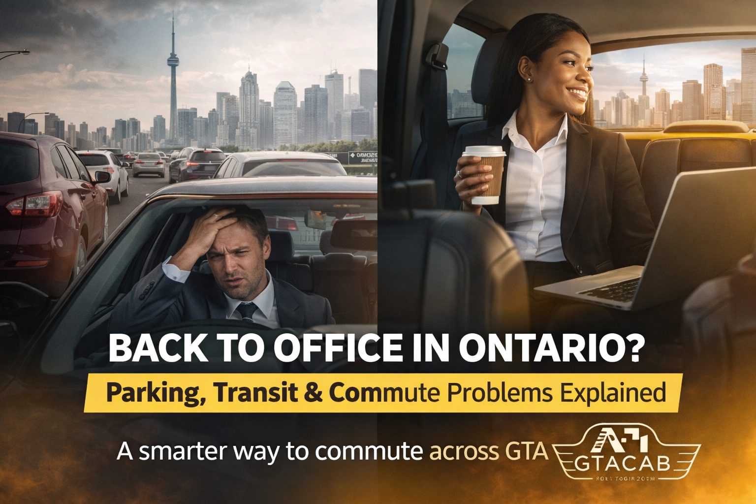 Office commuters in Toronto facing traffic congestion compared with a relaxed door-to-door taxi commute in the GTA