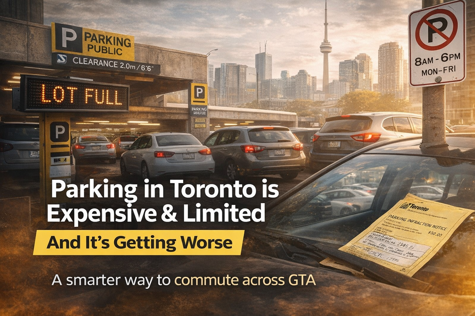 Crowded parking garage in downtown Toronto showing full parking signs and parking tickets on vehicles