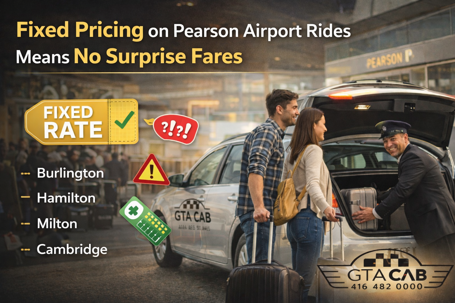 GTA Cab fixed rate airport pickup at Toronto Pearson Airport with professional driver assisting passengers