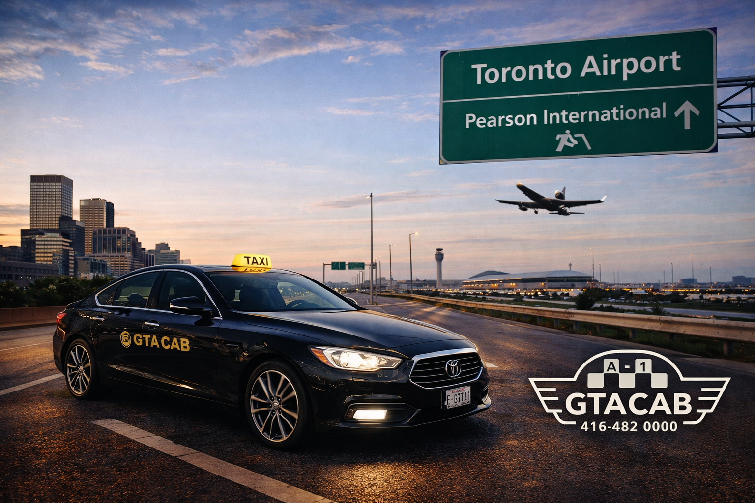 Hamilton airport taxi service black GTA Cab car on highway heading to Toronto Pearson Airport