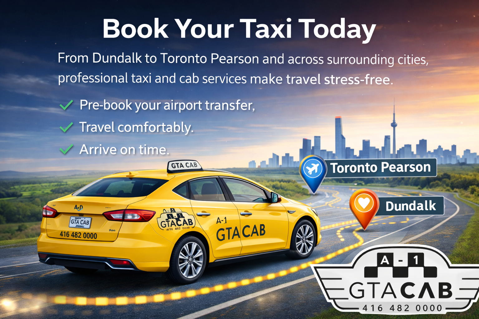 Book GTA Cab taxi from Dundalk to Toronto Pearson Airport with pre-booked airport transfer service