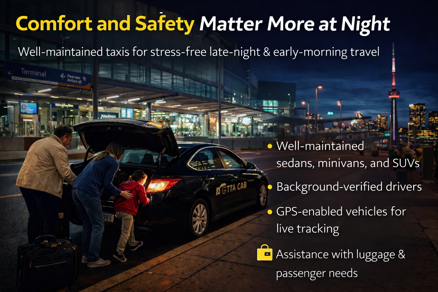 Professional airport taxi service in Toronto with clean car interior and trained driver for comfortable travel