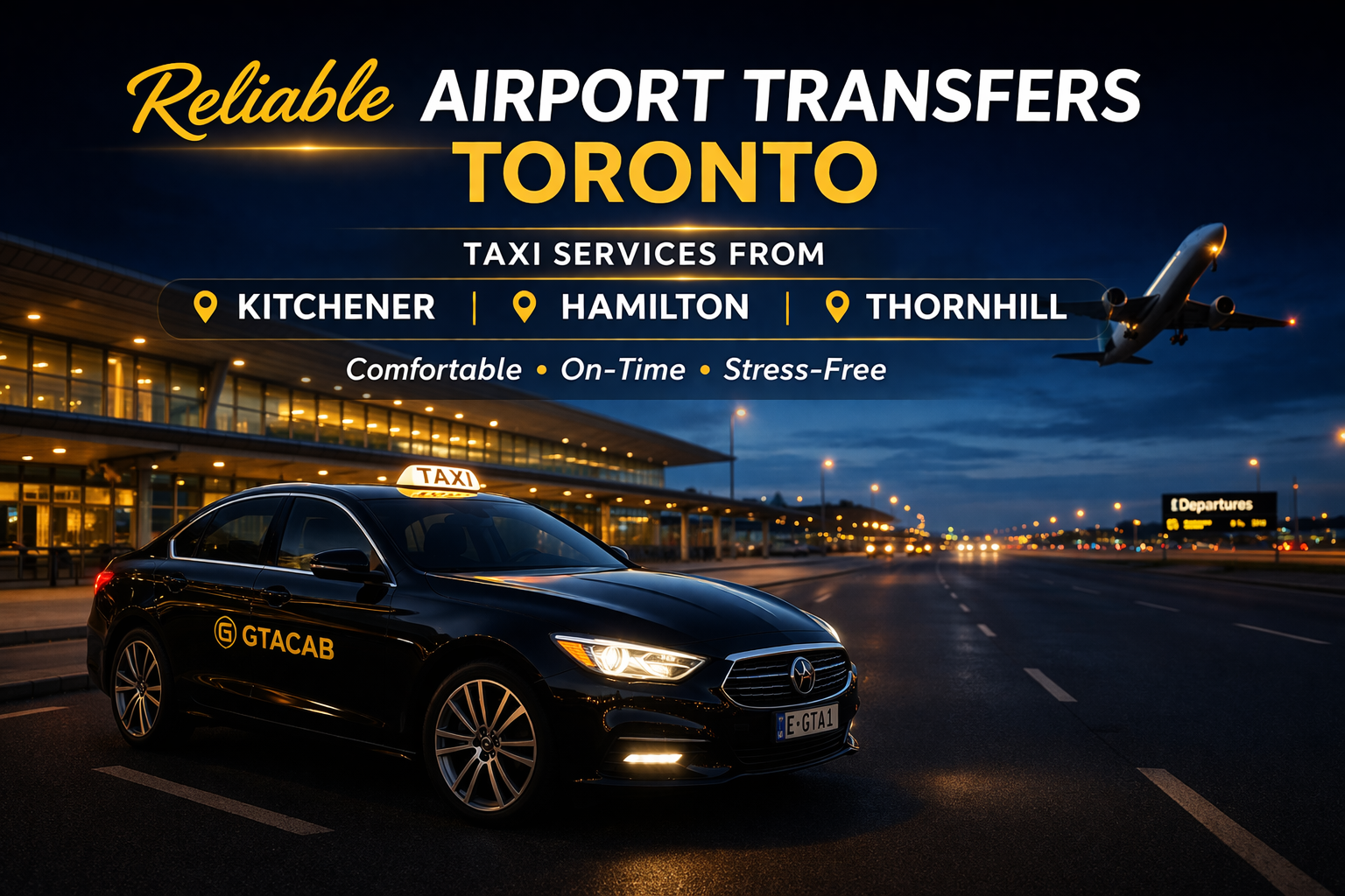 Late night airport taxi Toronto with GTA Cab black sedan at Pearson Airport
