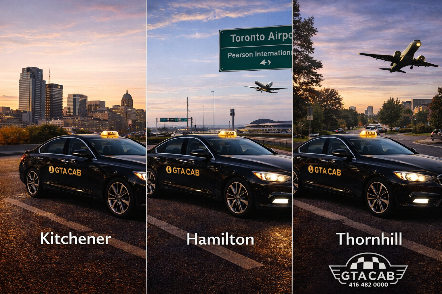 Hamilton airport taxi service black GTA Cab car on highway heading to Toronto Pearson Airport