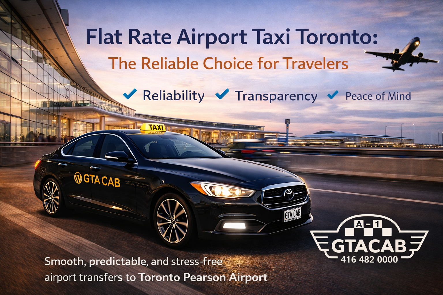 flat rate airport taxi Toronto with GTA Cab black luxury car at Pearson Airport terminal