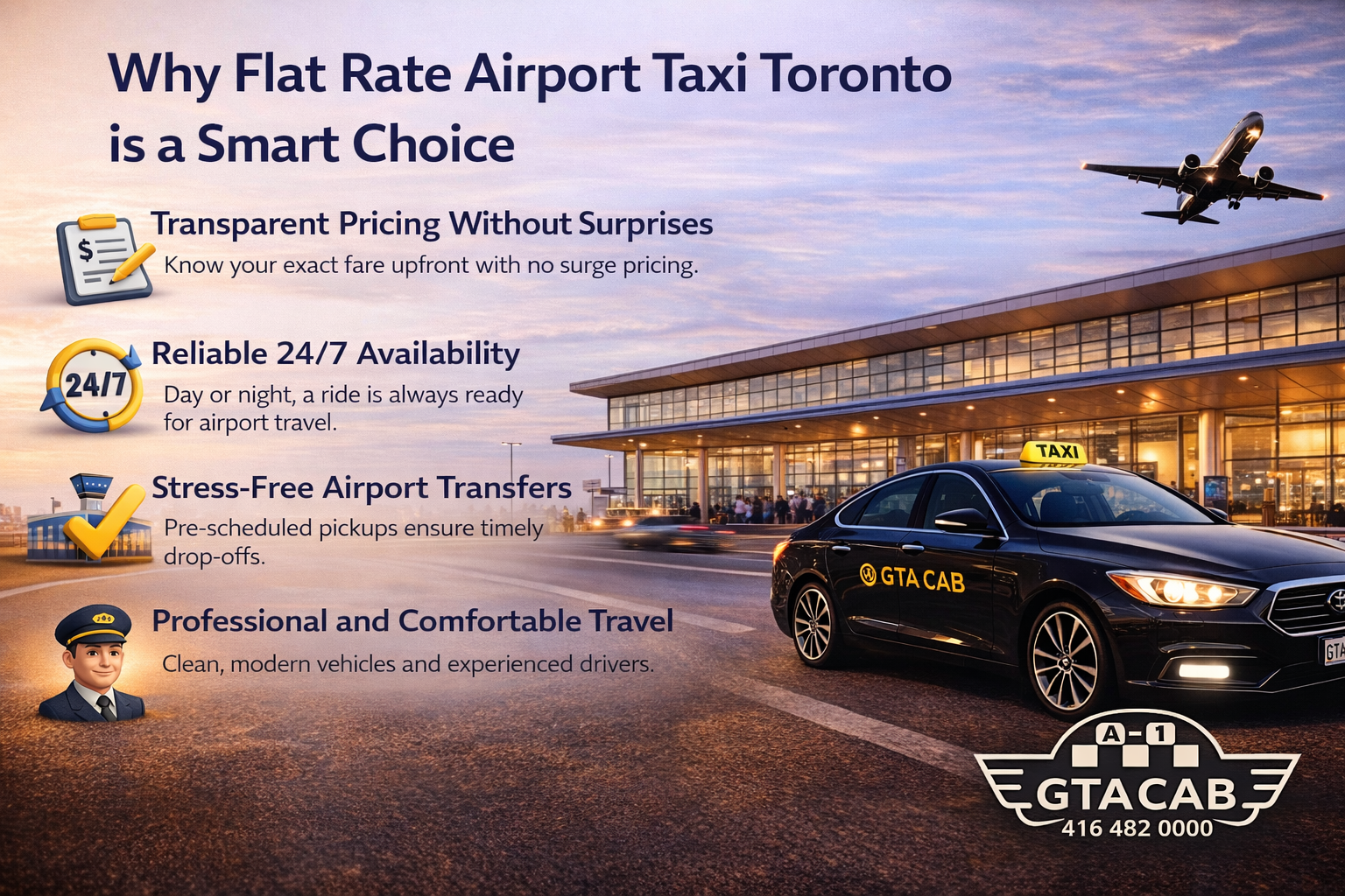 flat rate airport taxi Toronto benefits including transparent pricing 24/7 availability and stress free airport transfers