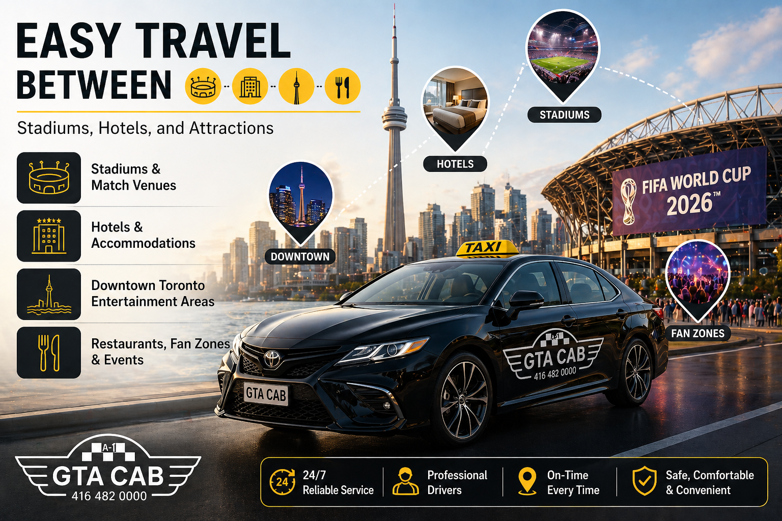 Airport Transfers Toronto for stadiums hotels downtown Toronto and fan zones with GTA Cab taxi service