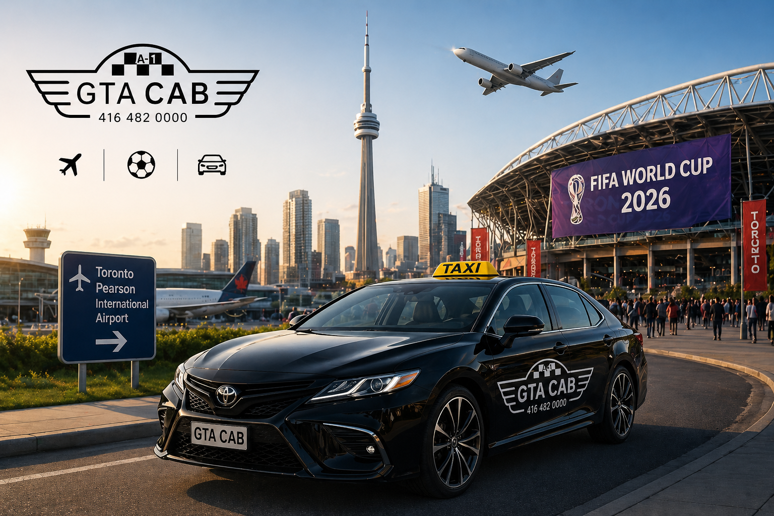 airport taxi Toronto Pearson for FIFA World Cup Toronto with GTA Cab black car at stadium and airport
