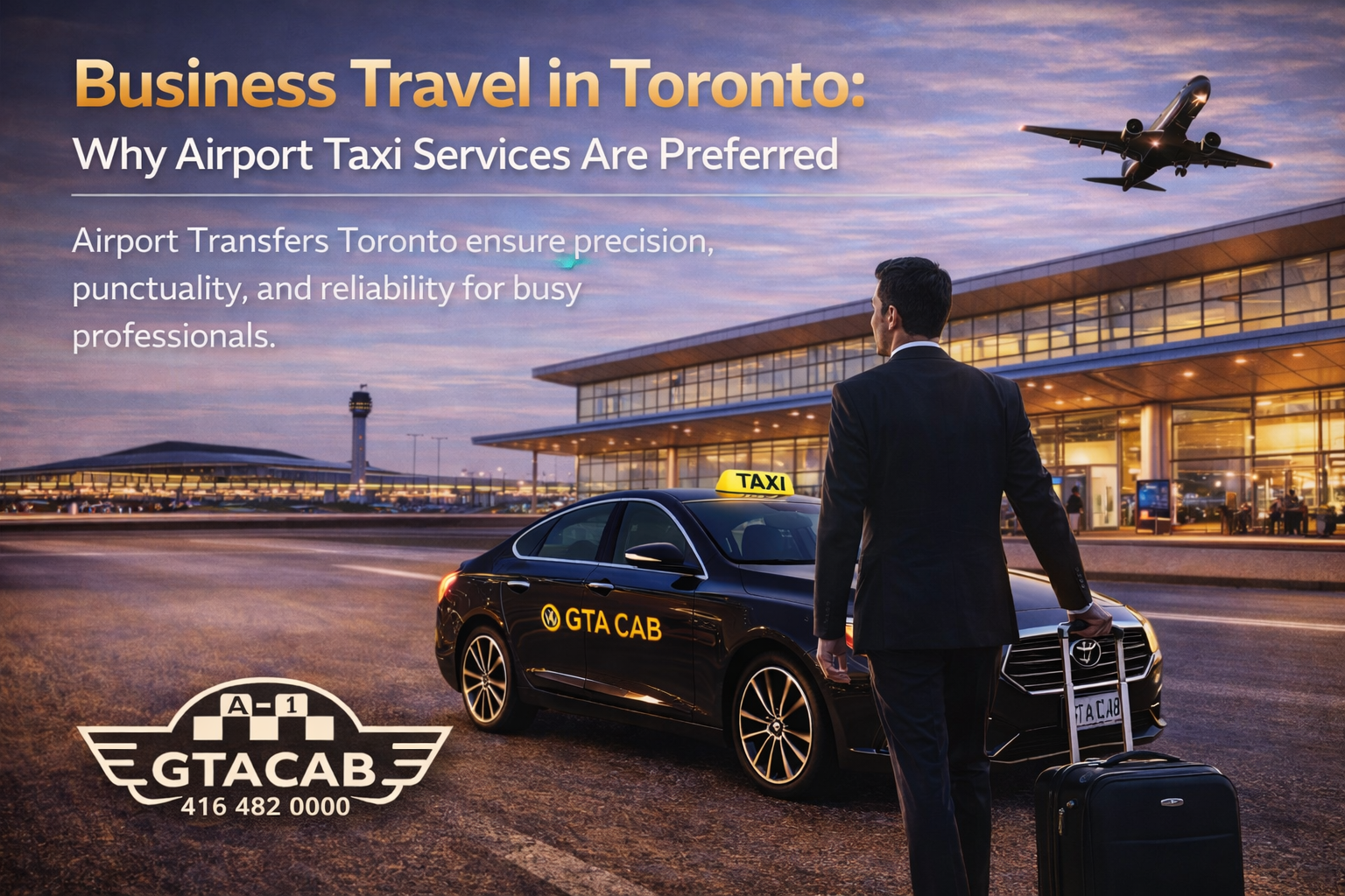 business travel airport taxi Toronto with professional passenger and GTA Cab car at Pearson Airport