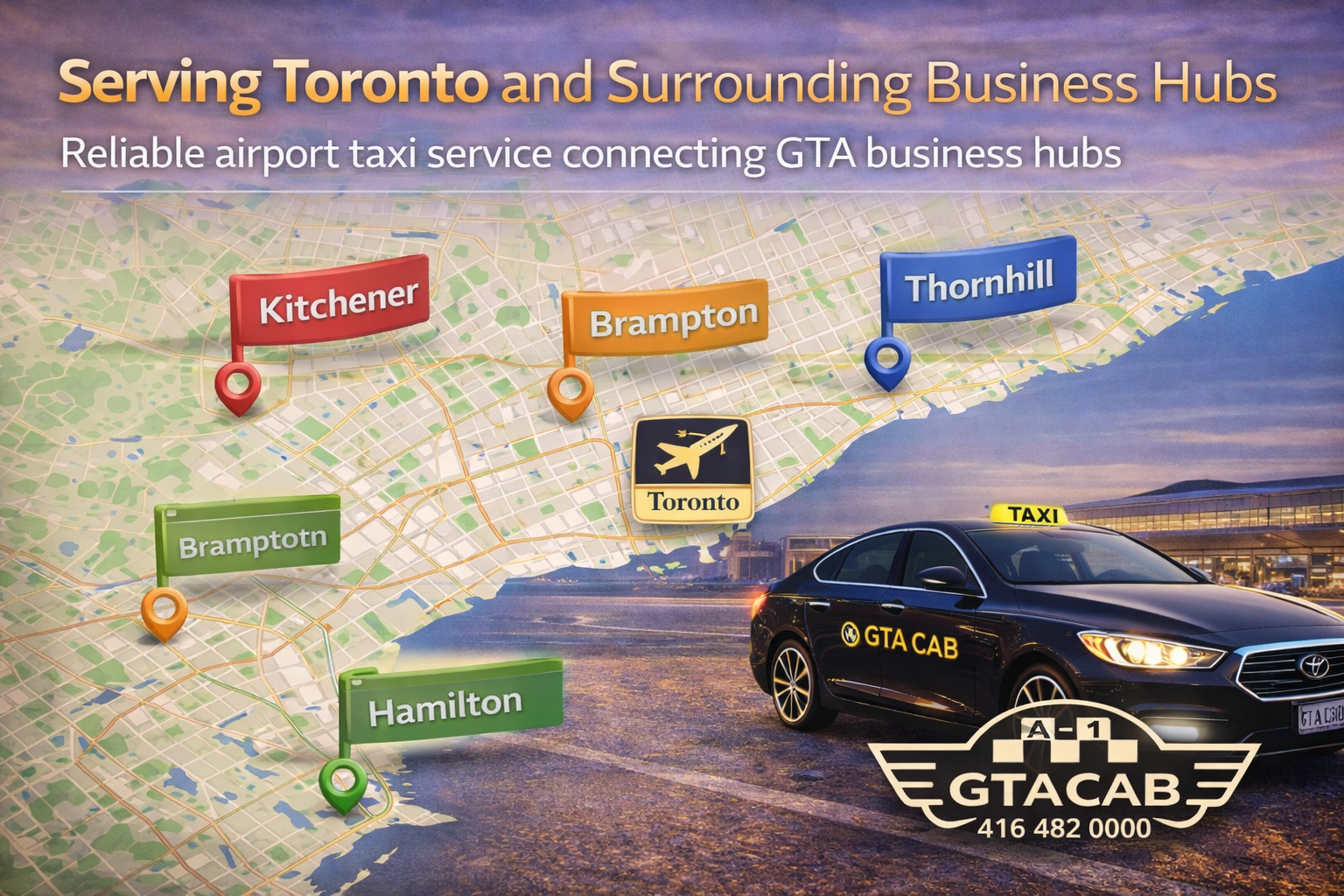 Airport Transfers Toronto coverage map showing Mississauga Brampton Kitchener Hamilton Thornhill and Toronto service areas