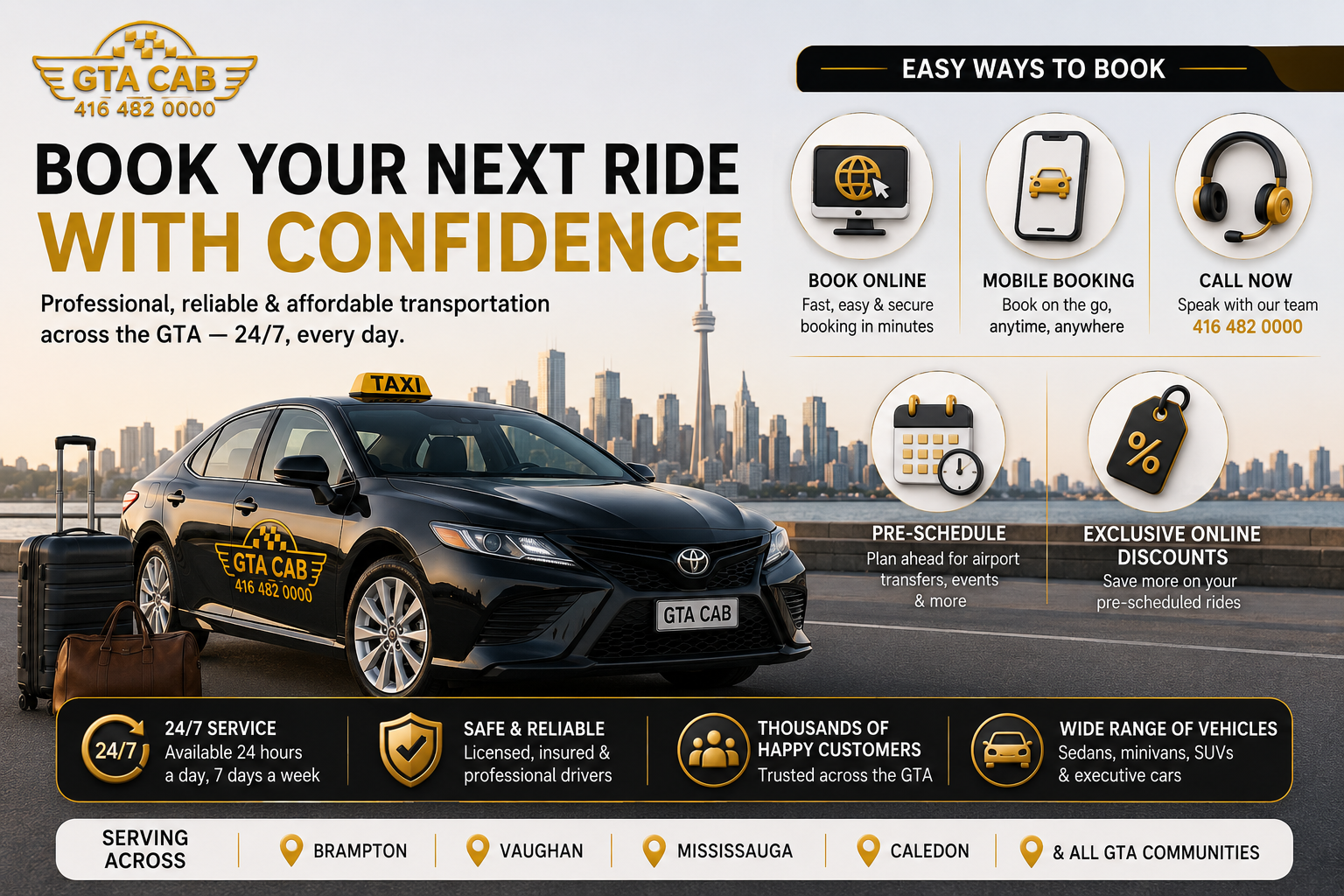 book airport taxi Toronto online with GTA Cab for Airport Transfers Toronto and pre scheduled rides across the GTA