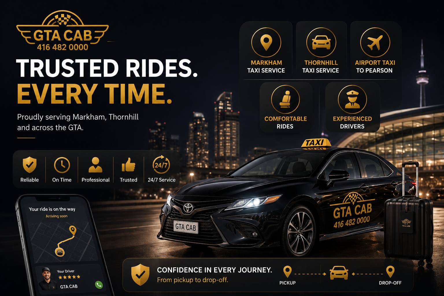 reliable Markham and Thornhill taxi service with GTA Cab for airport transfers and local transportation across the GTA