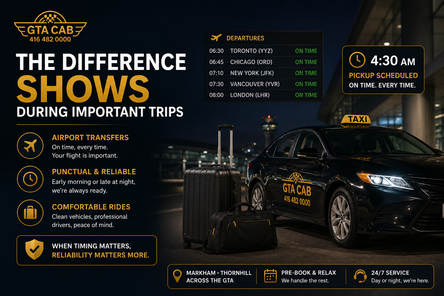 Markham airport taxi and Thornhill taxi to Pearson Airport with reliable early morning airport transfers by GTA Cab