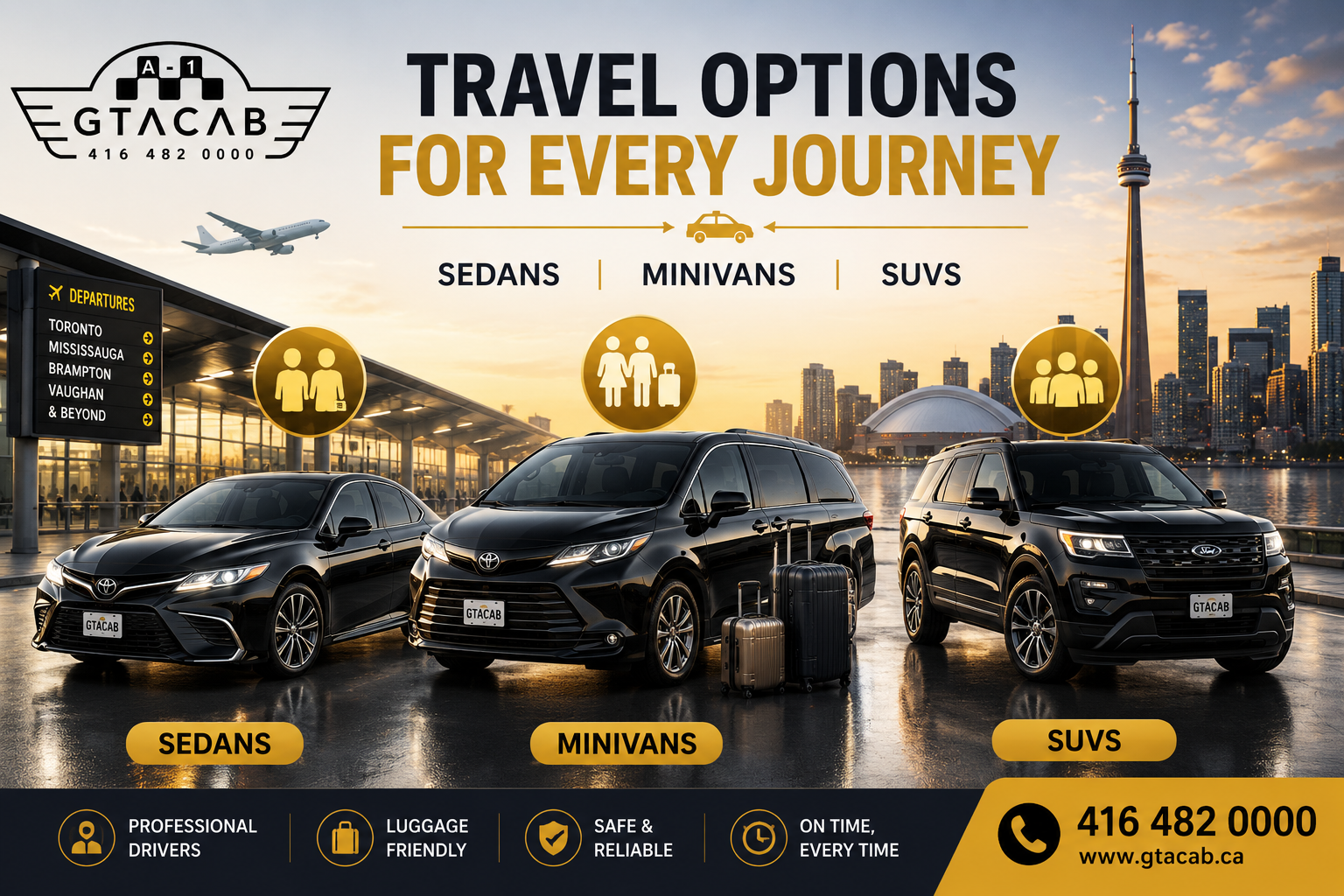 Toronto airport transportation fleet with sedans, minivans and SUVs for families, groups and Airport Transfers Toronto by GTA Cab
