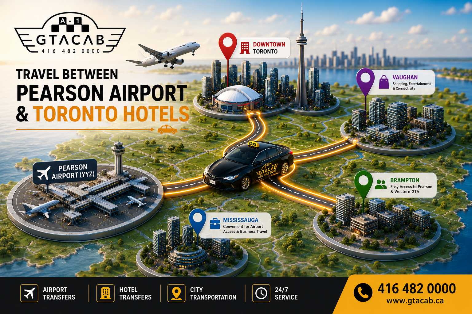 Airport Transfers Toronto map showing Pearson Airport connections to Downtown Toronto, Mississauga, Brampton, and Vaughan with GTA Cab transportation services