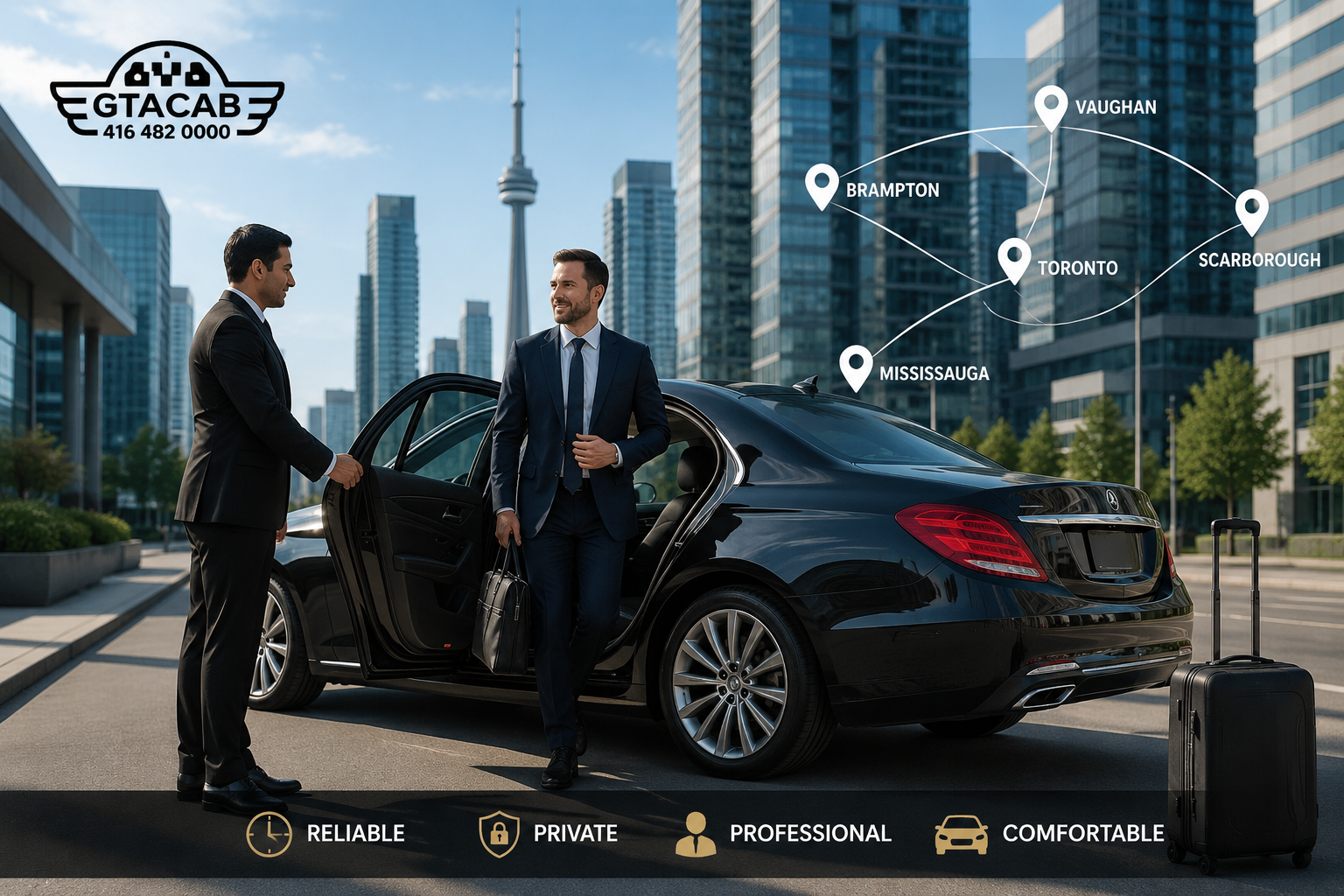 Corporate taxi service across the Greater Toronto Area with executive transportation connecting Toronto, Mississauga, Brampton, Vaughan, and Scarborough by GTA Cab.