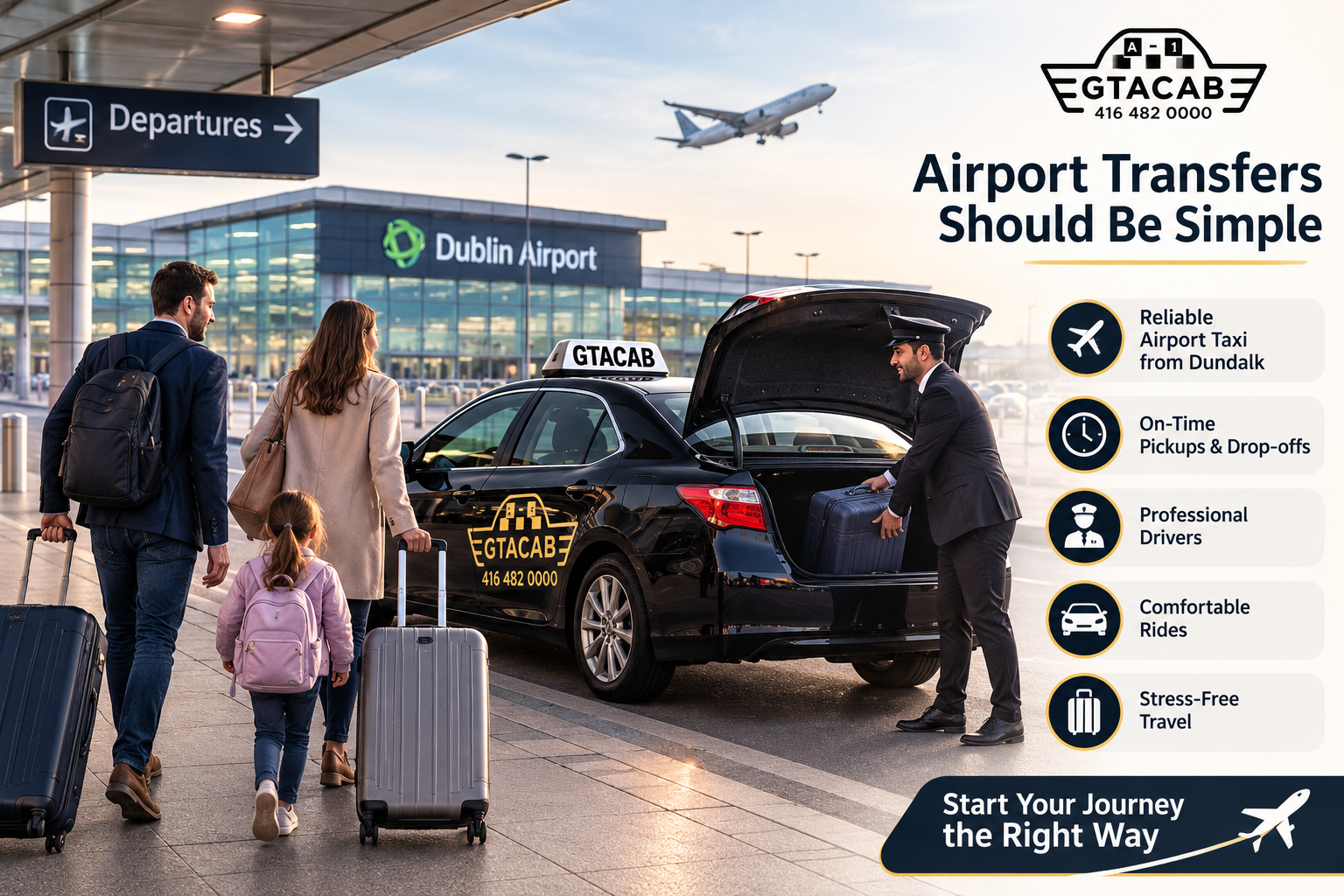 Dundalk Airport Taxi by GTA Cab providing reliable airport transfers, professional drivers, luggage assistance, and stress-free transportation to Dublin Airport.