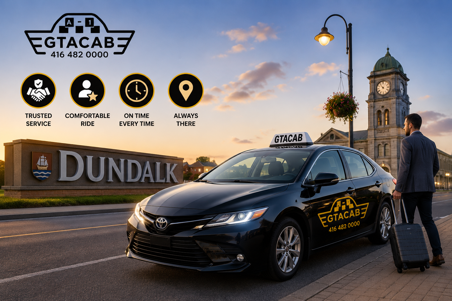 Reliable Dundalk Taxi service by GTA Cab featuring professional airport transfers, local taxi transportation, trusted drivers, and comfortable rides in Dundalk.