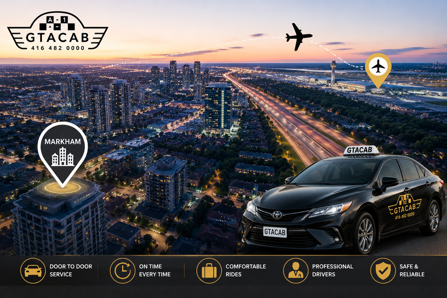 Markham to Toronto Pearson Airport taxi service by GTA Cab featuring reliable airport transfers, professional drivers, and comfortable transportation across the Greater Toronto Area.