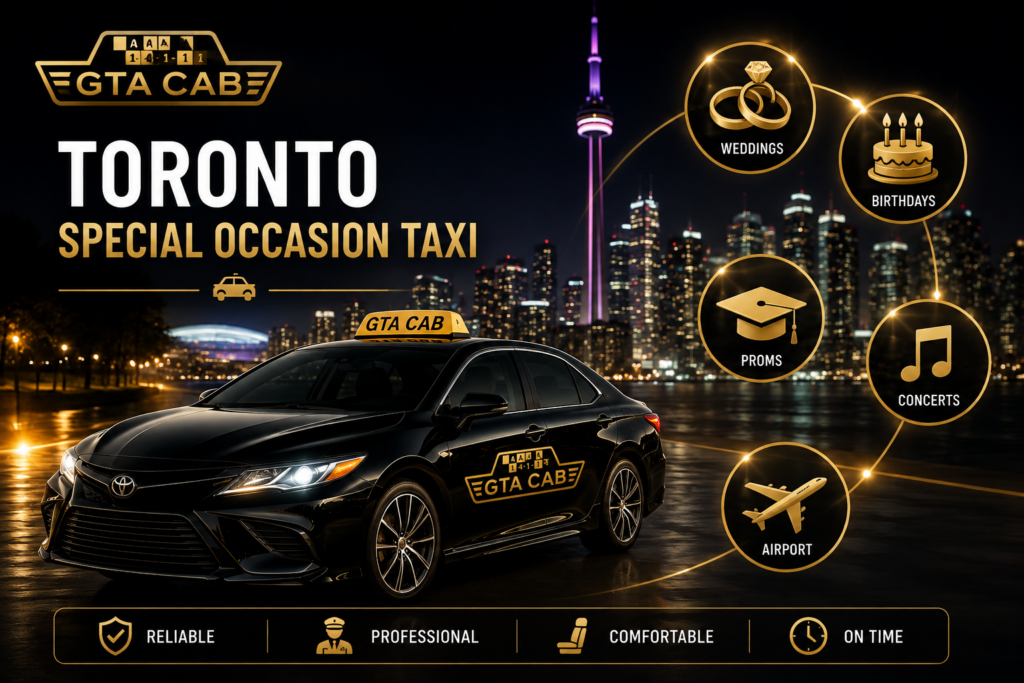 GTA Cab taxi in Toronto skyline offering special occasion transportation for weddings, birthdays, proms, concerts, and airport transfers