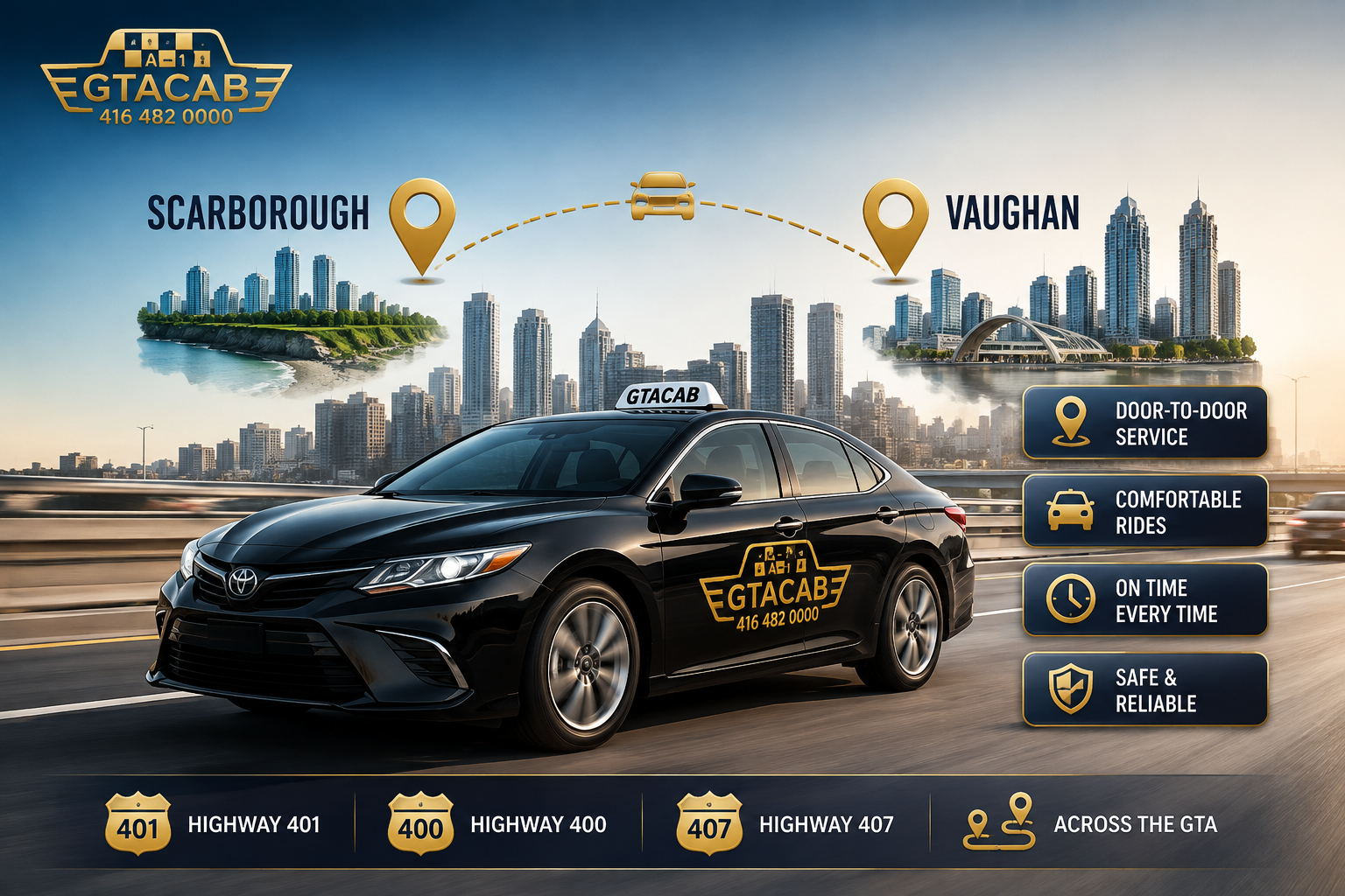 GTA Cab taxi travelling between Scarborough and Vaughan with 3D map pins, highway icons (401, 400, 407), and reliable airport taxi service across the GTA.
