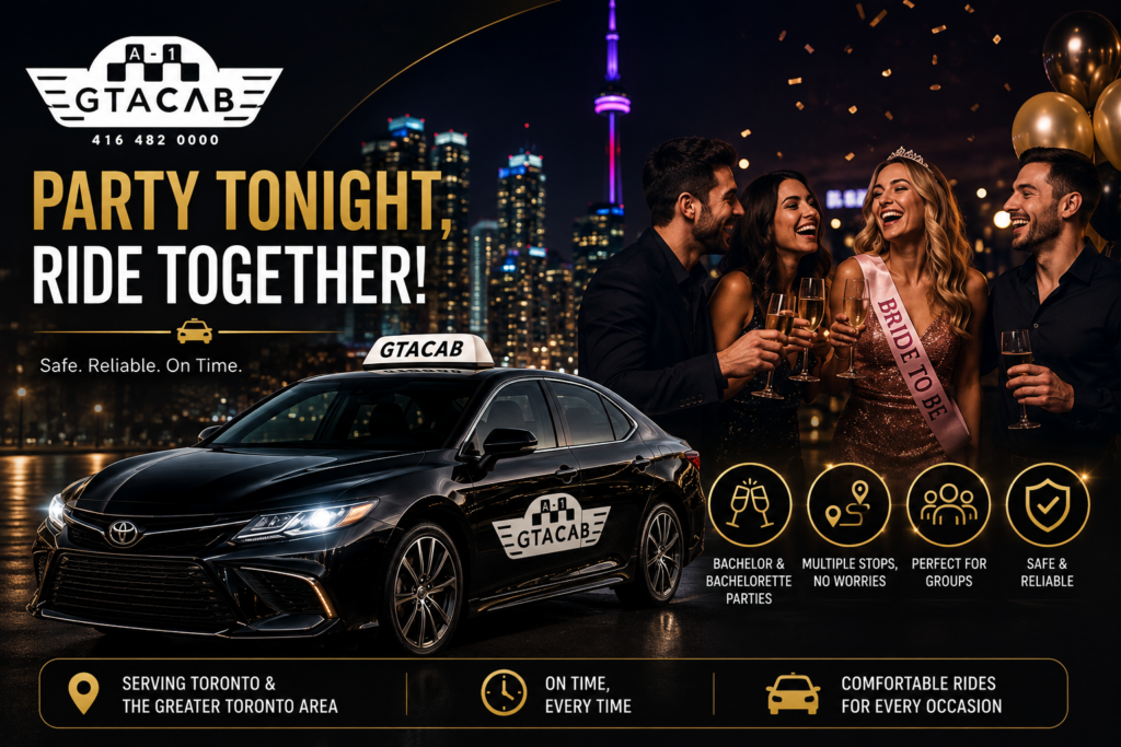 GTA Cab taxi service for bachelor and bachelorette party transportation in Toronto with group travel and nightlife background