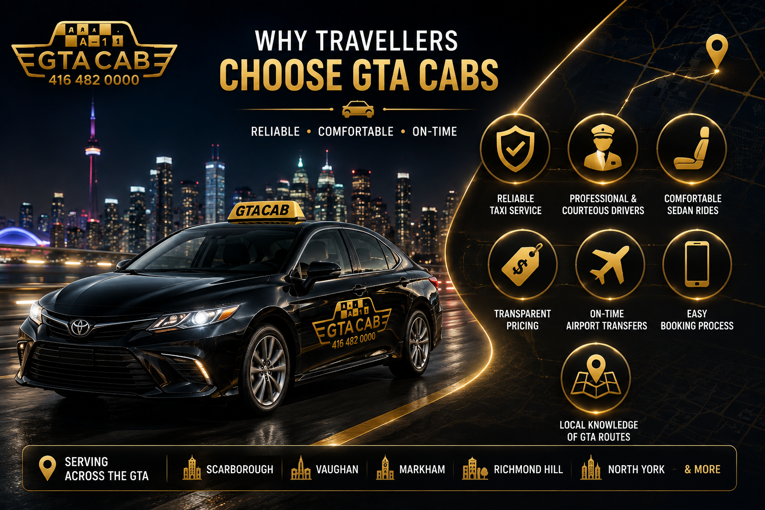 GTA Cab black sedan with 3D icons showing reliable taxi service, airport transfers, professional drivers, and comfortable rides in Scarborough and Vaughan