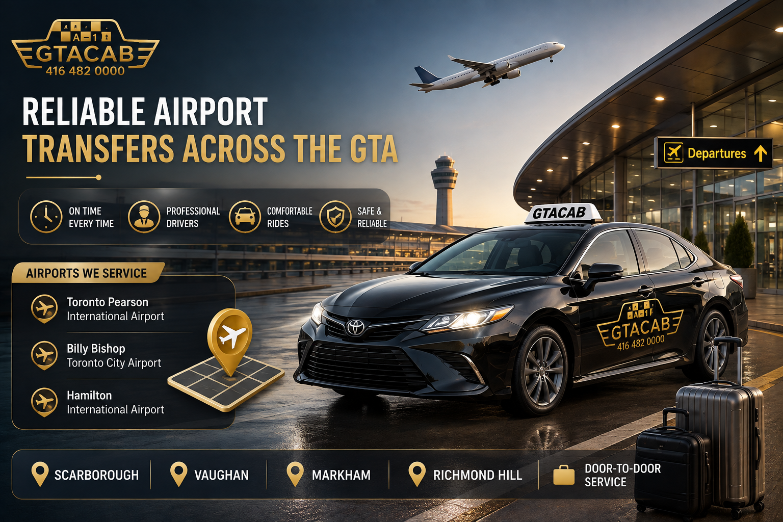 GTA Cab airport taxi at Toronto Pearson terminal with airplane, luggage, and 3D icons showing airport transfers from Scarborough, Vaughan, Markham, and Richmond Hill.