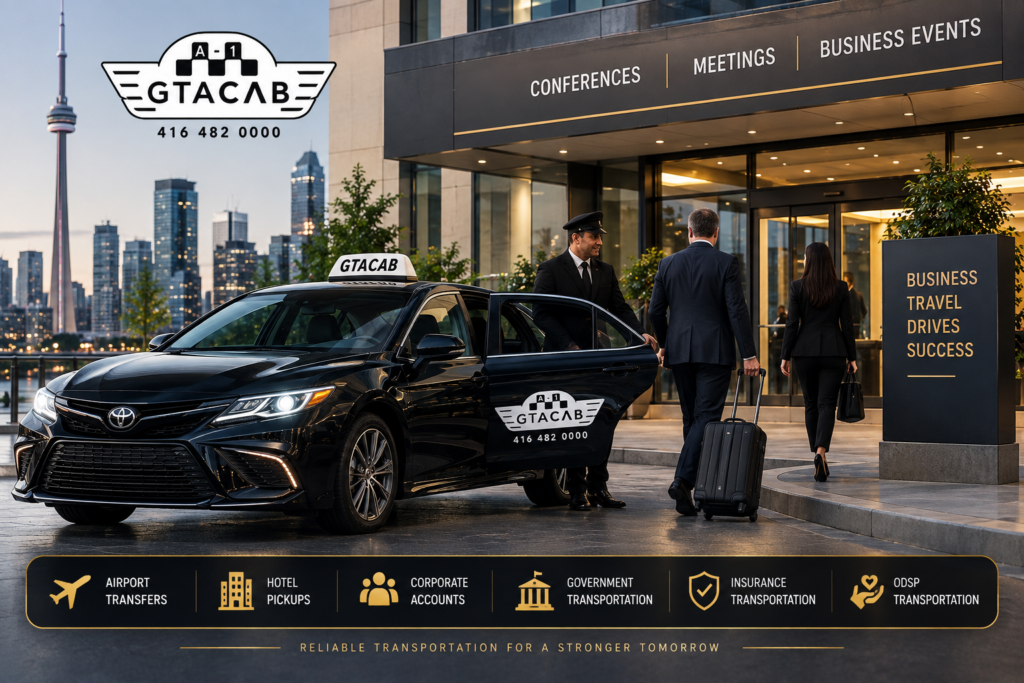 Corporate taxi service in Toronto with GTA Cab sedan providing transportation for business meetings, conferences, and airport transfers across the GTA