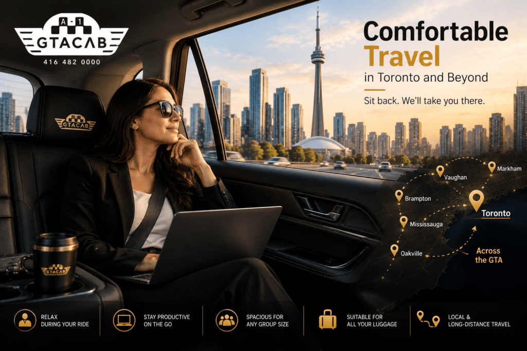 Passenger relaxing in GTA Cab taxi with Toronto skyline view, showcasing comfortable travel, business productivity, and reliable transportation across the Greater Toronto Area