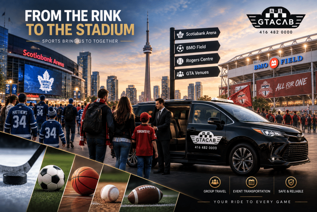 Fans traveling to Toronto sports stadium with GTA Cab taxi for hockey, soccer, and live events across the Greater Toronto Area