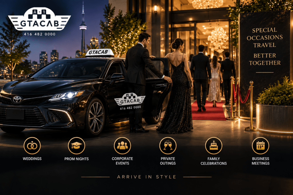 GTA Cab taxi service for weddings, prom nights, corporate events, and special occasions in Toronto with luxury vehicle and professional chauffeur